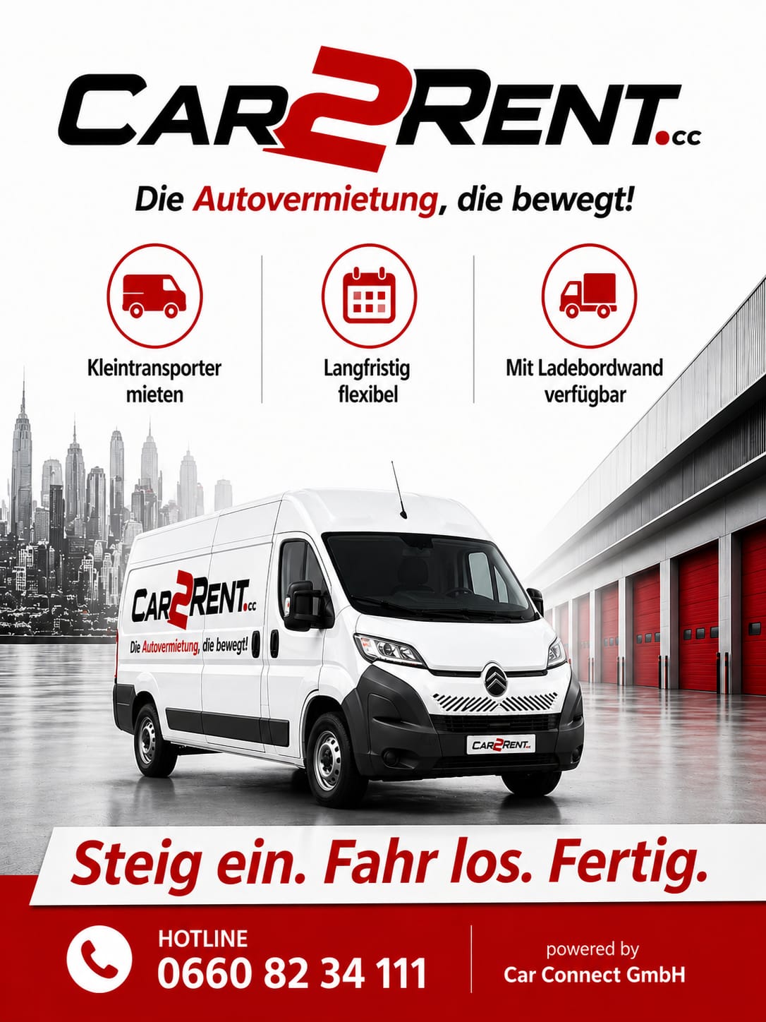 Werbeplakat für CAR2RENT.cc - Kleintransporter Vermietung: Langfristig, flexibel und mit Ladebordwand verfügbar.